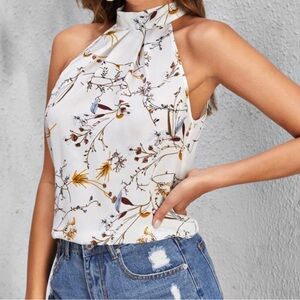 SHEIN White Floral Halter Tie-Neck Camisole